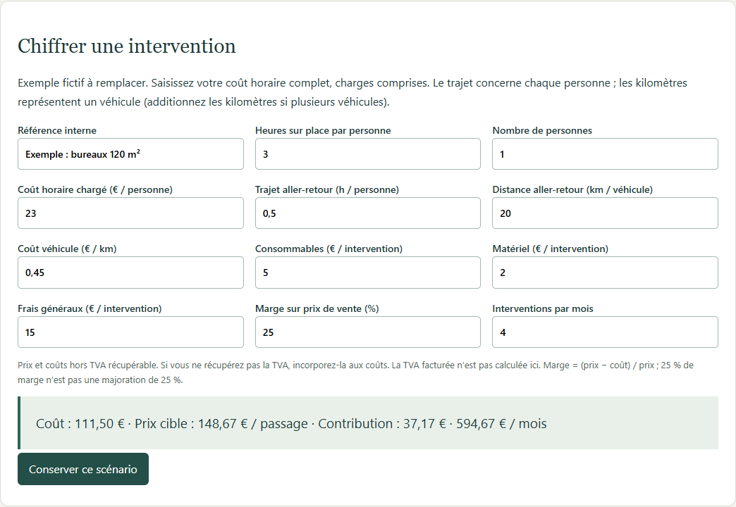 Capture réelle du calculateur, avec un exemple fictif de nettoyage de bureaux